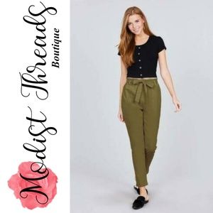 ⚡SALE⚡Green Paper Bag W/Bow Tie Long Linen Pants